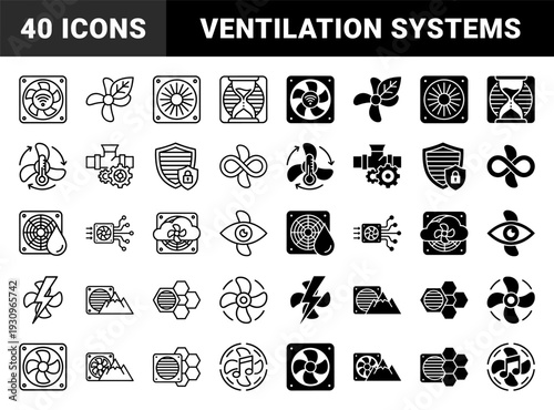 Professional ventilation and cooling system symbols featuring hybrid designs of industrial fans integrated with temperature sensors filters and smart controls