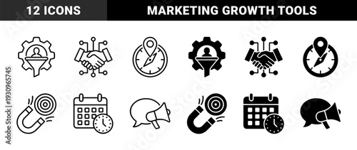 Hybrid business management and marketing icons featuring integrated symbols like gear human funnels and magnetic target acquisition elements