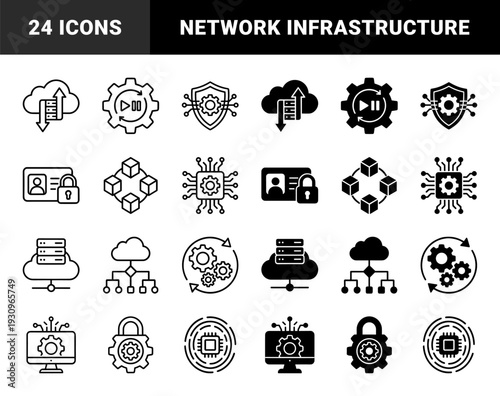 Data Management and Network Infrastructure Hybrid Icons Featuring Cloud Server Integration Hardware Security Protocols and Global Connectivity Systems