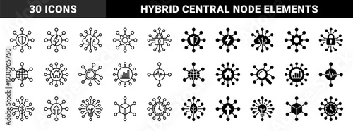 Hybrid connectivity icons merging circular network nodes with diverse symbols including shield bolt cloud gear lock globe home search and leaf
