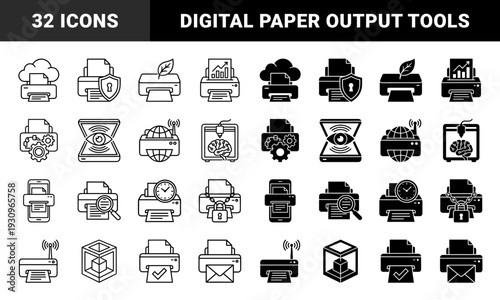 Hybrid printer and document management system icons featuring cloud storage security shields organic leaf symbols and artificial intelligence processing