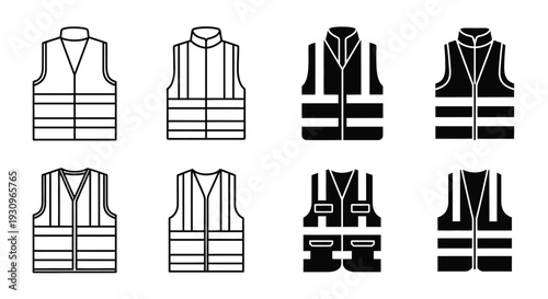 Four pairs of safety vests displayed as a stark black silhouette