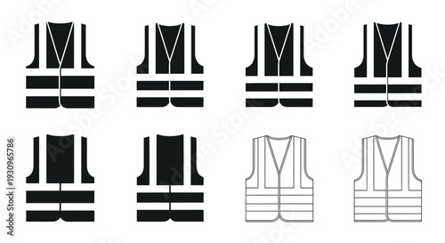 Four rows of life vests in varied designs a stark silhouette