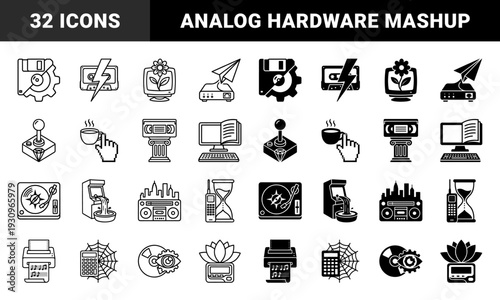 Vintage Analog Media and Retro Electronics Hybrid Concept Illustration Featuring Floppy Disk Gear Cassette Tape Lightning and Arcade Fountain Symbols