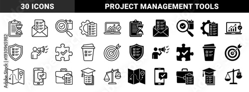 Minimalist hybrid business management icons featuring conceptual mergers like hourglass clipboard puzzle checkmark and target arrow in dual line and solid styles
