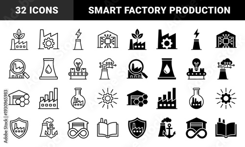 Industrial Manufacturing Hybrid Symbols Integrating Sustainable Energy Smart Technology and Data Analytics into Factory Architecture and Production Line Outlines