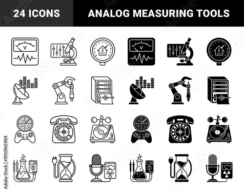 Hybrid scientific measurement and telecommunication symbols featuring laboratory equipment merged with analog technology and industrial robotics in outline and glyph styles