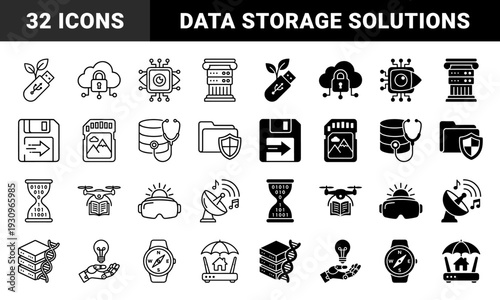 Hybrid technology and digital storage concept symbols merging hardware with nature healthcare and data security in linear and solid styles