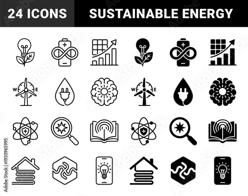 Sustainable energy and eco innovation conceptual hybrid symbols featuring solar panel growth charts wind turbine compasses and battery infinity loops