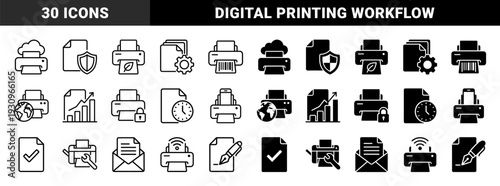 Hybrid Document and Printing Management Icons Featuring Dual Stroke and Solid Styles for Secure Data Workflow and Paperless Office Solutions