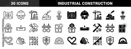 Hybrid construction and civil engineering icons merging architectural planning tools with industrial machinery and structural development symbols