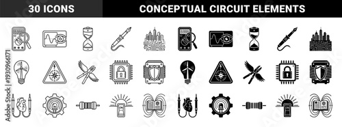 Hybrid electronic engineering symbols combining industrial hardware with biological and metaphorical elements in outline and solid versions