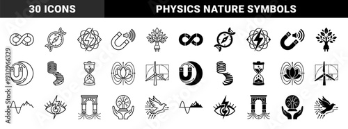 Hybrid physics and nature icons merging electromagnetism with organic elements including lightning bolts magnets dna strands and lotus flowers