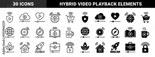 Hybrid multimedia playback icons merging diverse symbols with video player controls and progress bars featuring line and solid glyph styles
