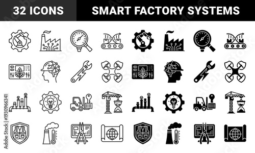 Industrial automation and smart manufacturing hybrid icons featuring robotic arms in gears factory structures with circuit patterns and worker safety gear