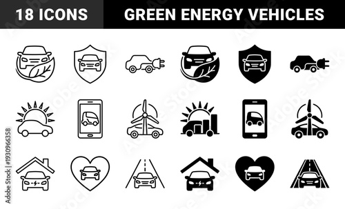 Sustainable Automotive Transportation Icons Featuring Electric Vehicles Merged With Green Energy Symbols Like Leaves Wind Turbines And Solar Power
