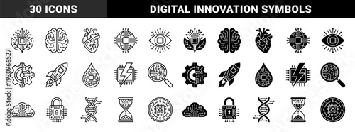 Collection of hybrid biotechnology and digital innovation symbols merging organic biological forms with electronic circuitry and computer processor hardware elements