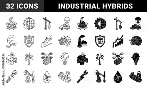 Industrial hybrid icons merging manufacturing symbols with technology and environment concepts featuring isometric factory crane gear and brain machine elements