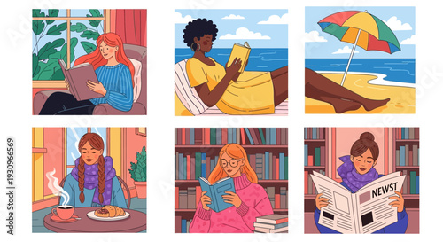 Vector illustration collection of a woman and family practicing a set of yoga poses on the beach in a cartoon collage art style