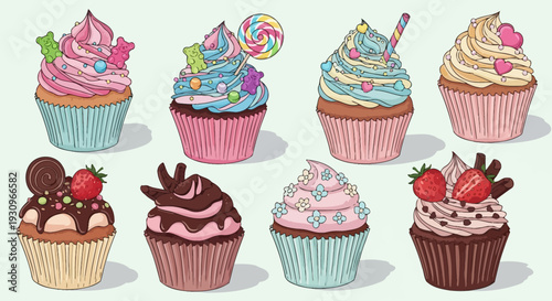 A cute cartoon vector illustration set of sweet birthday cupcakes and muffins with chocolate cream, pink strawberry frosting, and cherry toppings for a bakery celebration pattern