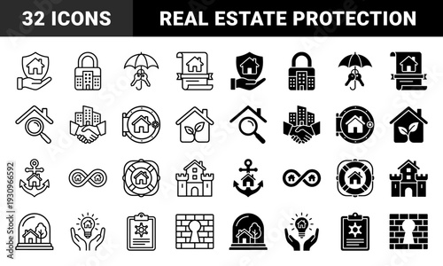 Hybrid real estate and security icon set featuring house silhouettes merged with shield lock key umbrella magnifying glass and legal document symbols