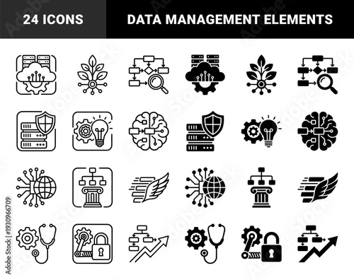 Hybrid abstract symbols merging data infrastructure with organic growth and strategic management elements in dual outline and solid silhouette styles