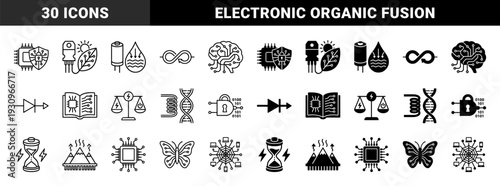 Hybrid electronic and organic symbols featuring circuit brain interfaces bionic dna strands and semiconductor leaf designs in outline and solid styles