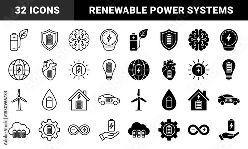 Sustainable energy hybrid icons featuring battery storage integrated with renewable sources like solar wind and hydro power for green technology