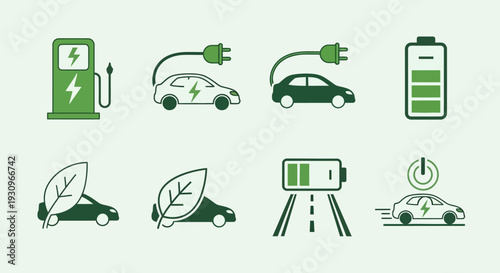 An ecology icon set featuring a green transportation vector collection with car, truck, bus, and train symbols for sustainable vehicle travel and eco-friendly road traffic illustration