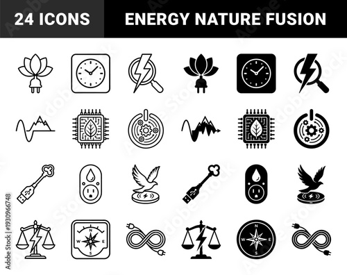 Monochrome hybrid icons merging electrical components with natural and conceptual symbols featuring power plugs lotus flowers and gear clock mechanisms