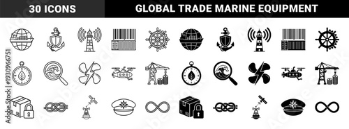 Marine logistics and maritime navigation hybrid icons featuring nautical symbols merged with global trade commerce and deep sea exploration elements