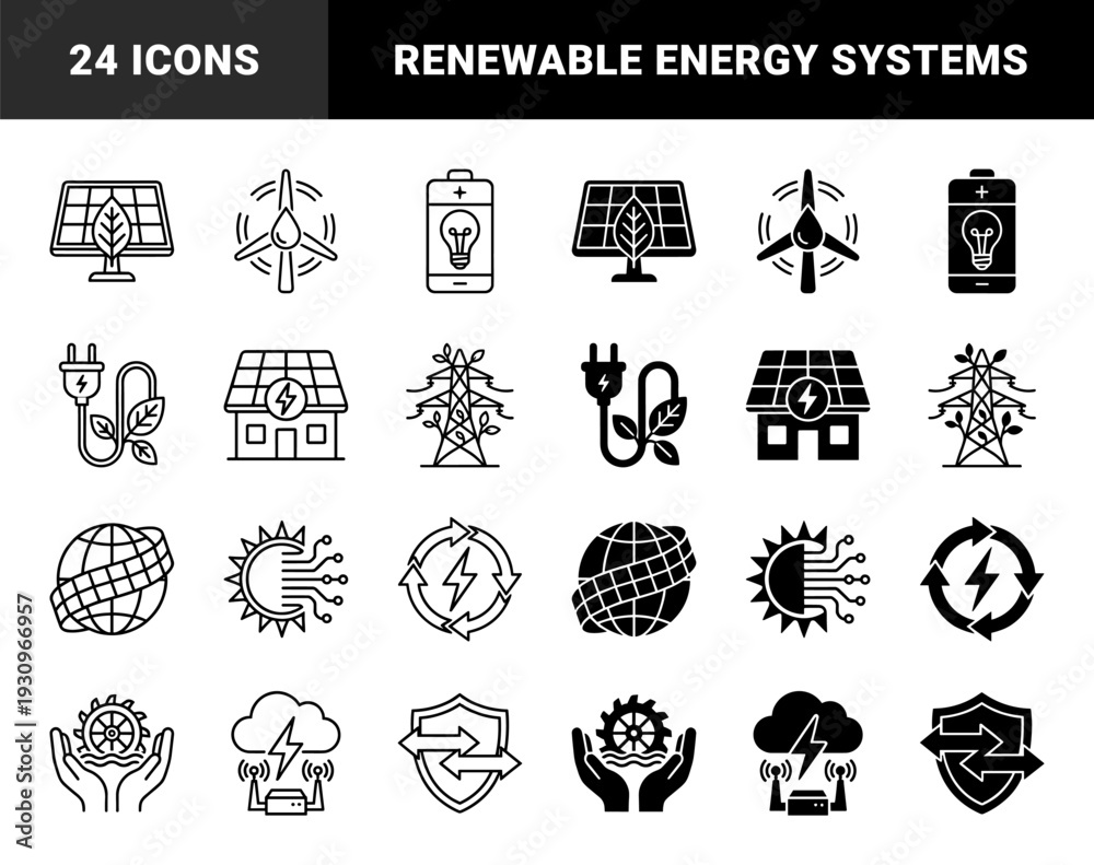 Fototapeta premium Sustainable energy hybrid symbols merging renewable resources with electrical infrastructure and organic growth elements in outline and solid styles