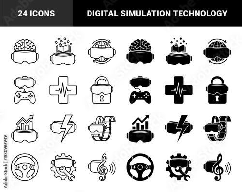 Virtual reality headset hybrid symbols combining digital technology with gaming education medicine security finance entertainment and industrial maintenance graphics