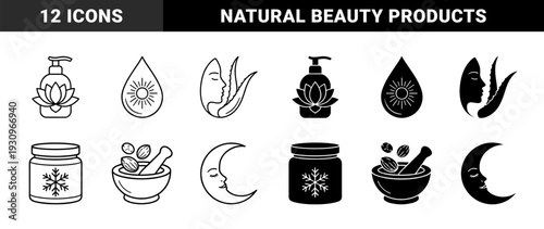 Natural skincare and holistic beauty symbols featuring botanical hybrids with lotus pump bottles aloe vera face profiles and moon phase apothecary jars