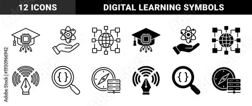 Black and white hybrid symbols combining academic graduation caps with circuit boards, atom models held by hands, and global network connectivity nodes