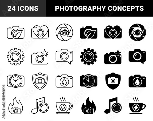 Hybrid photography conceptual symbols merging camera silhouettes with organic leaves gear stars clock shield drop flame music note coffee and house