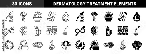 Scientific skincare and cosmetic dermatology symbols featuring hybrid icons of laboratory equipment merged with botanical and cellular elements