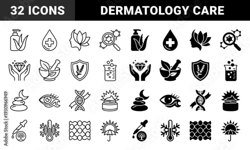 Skincare formulation and dermatology icons featuring hybrid symbols for organic botanical ingredients medical research and laboratory clinical testing