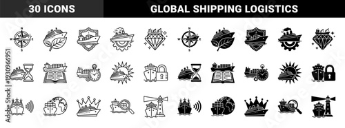 Marine logistics and maritime shipping hybrid symbols featuring cargo ships merged with compass rose leaf gear diamond hourglass book and globe elements