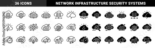 Cloud computing hybrid symbols merging digital storage with intelligence analytics security and education metaphors in outline and solid styles
