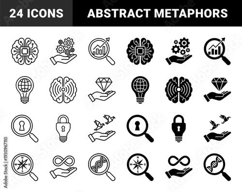 Hybrid conceptual metaphors combining human hands with symbols of growth and discovery such as gears brain lightbulb diamond origami bird infinity and DNA helix