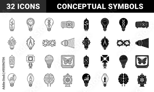 Symmetric hybrid icons merging vintage vacuum tubes and light bulbs with organic growth dna strands clock faces and data streams in outline and solid styles