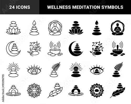 Zen basalt stone balance and wellness symbols merging organic elements like lotus flower moon eye and leaf in outline and solid silhouette styles