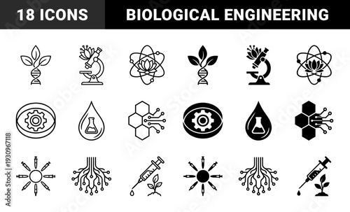 Biotechnology and genetic engineering icons featuring hybrid symbols of dna strands with leaves microscope with flowers and lab flask droplets