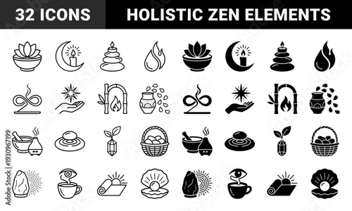 Wellness and Spiritual Hybrid Symbols Featuring Zen Stone Lotus Water Drop Moon Candle Bamboo Fire and Crystal Plant Minimalist Dual Style Design