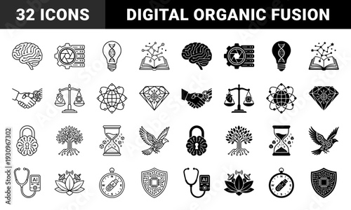 Hybrid technology icons merging organic and digital elements featuring brain circuitry bionic handshake dna lightbulb and artificial intelligence medical tools