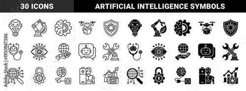 Collection of hybrid robotics and artificial intelligence symbols merging mechanical hardware with organic brain and nature elements for automation