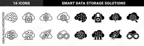 Cloud computing hybrid symbols merging digital storage with artificial intelligence brain data security green technology global network and growth analytics