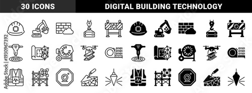 Construction industry equipment merged with digital technology symbols featuring smart hardhats robotic excavators and data integrated building tools