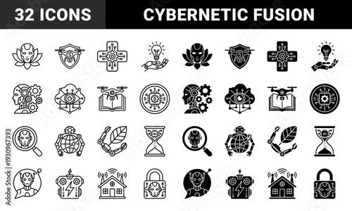 Futuristic hybrid icons merging artificial intelligence with organic and industrial elements featuring robot heads combined with lotus flowers leaves and gears